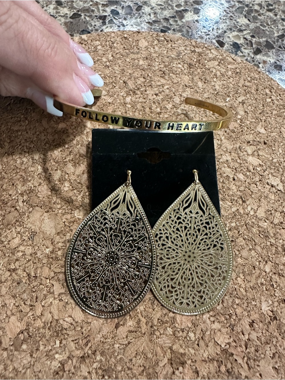 Gold "FOLLOW YOUR HEART" Cuff Bracelet & Filigree Teardrop Earrings Set